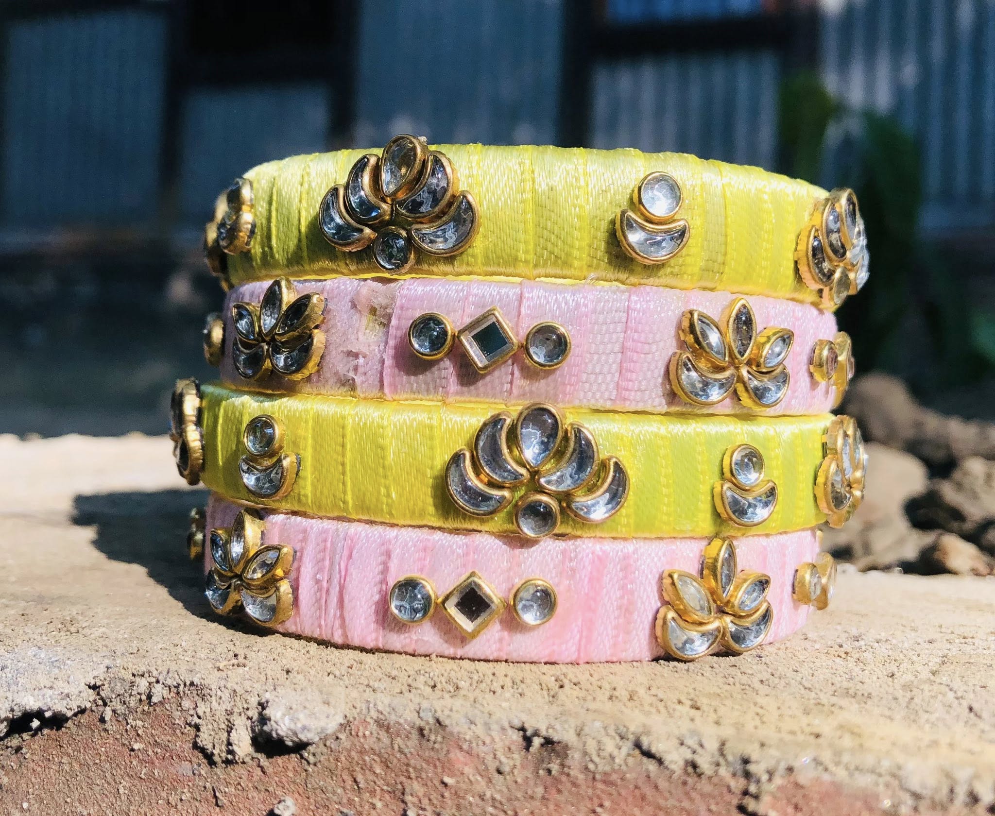 Handcrafted Silk Thread Bangles – Elegant Party & Festive Wear | Premium Kundan Stone Design set - Image 3