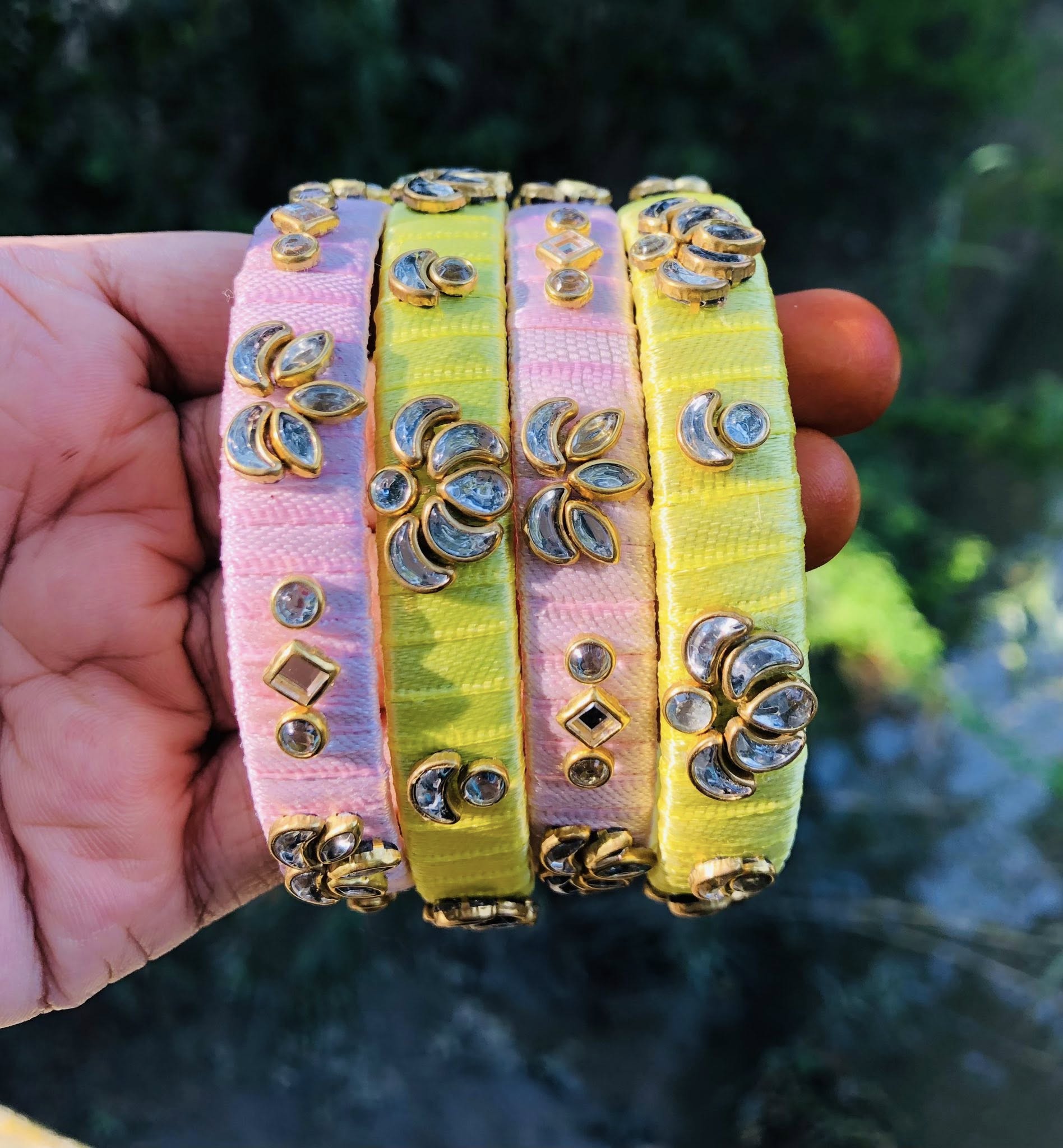 Handcrafted Silk Thread Bangles – Elegant Party & Festive Wear | Premium Kundan Stone Design set - Image 4
