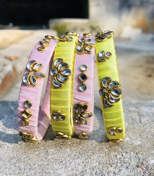 Handcrafted Silk Thread Bangles – Elegant Party & Festive Wear | Premium Kundan Stone Design set